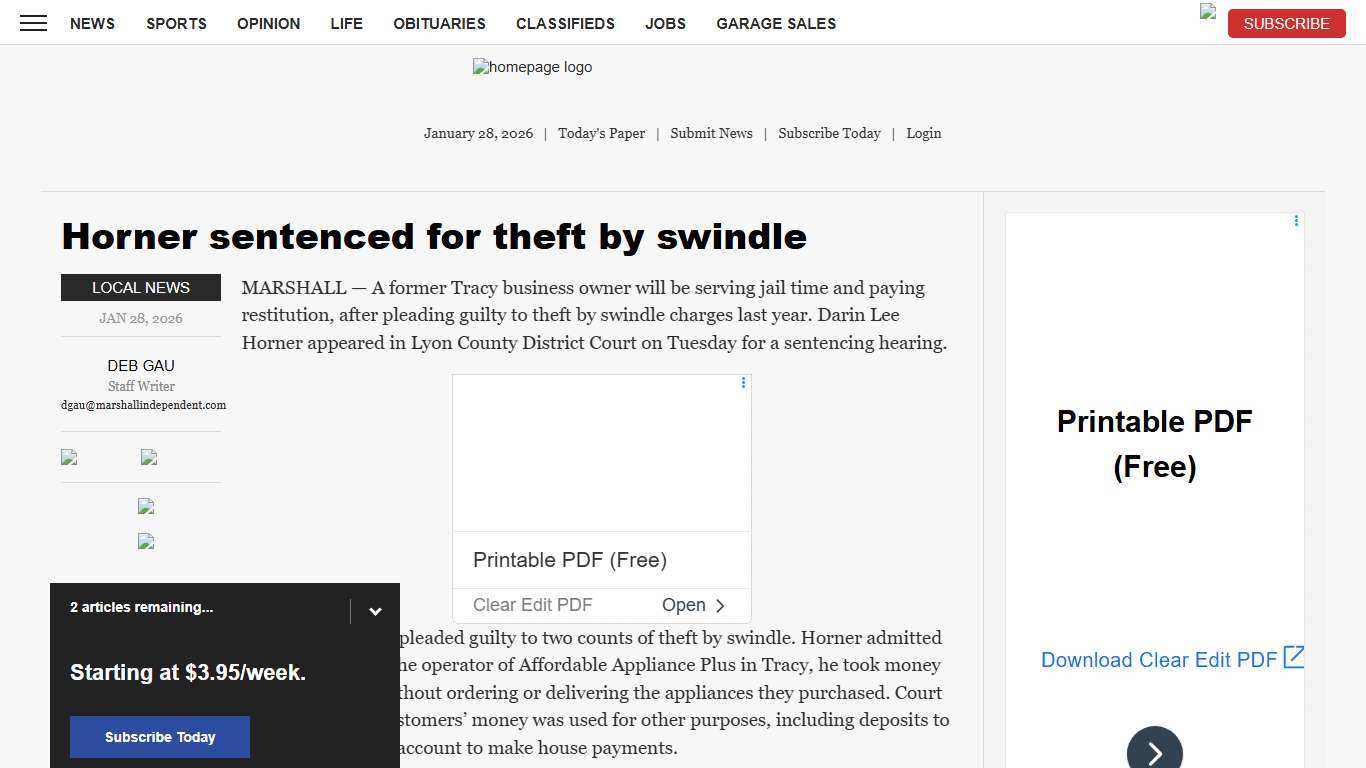 Horner sentenced for theft by swindle News, Sports, Jobs - Marshall Independent